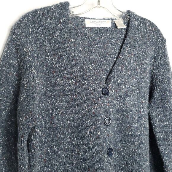 Womens Tweed Knit Cardigan Sweater PXL Slate Blue Red Fleck V Neck Preppy - Picture 3 of 5